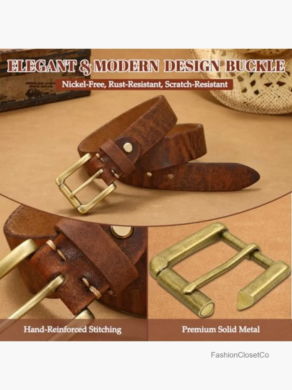 Womens 100% Italian Full Grain Leather Belt with Vintage Metal Buckle